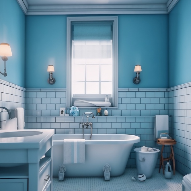 Blue bathroom with a white sink and a white bathtub.